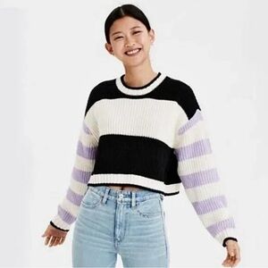 American Eagle stripped ribbed cropped knit sweater white black purple
